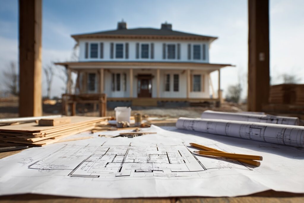 Nanaimo custom home in the background with building plans in the foreground