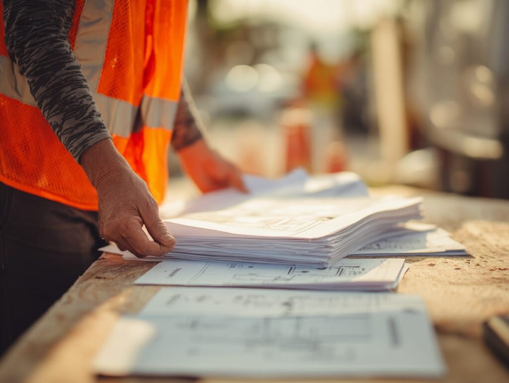 Builder reviewing City of Nanaimo geotechnical report and permit documents