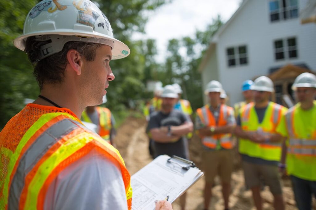 Construction safety briefing on a residential custom home site