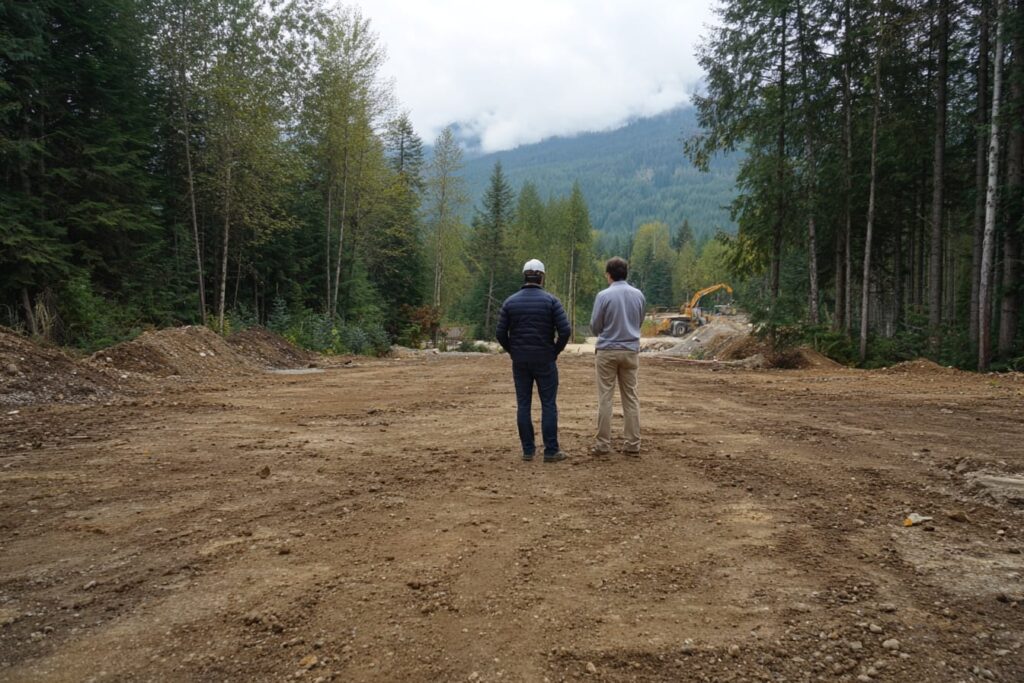 client and home builder walking and inspecting empty lot