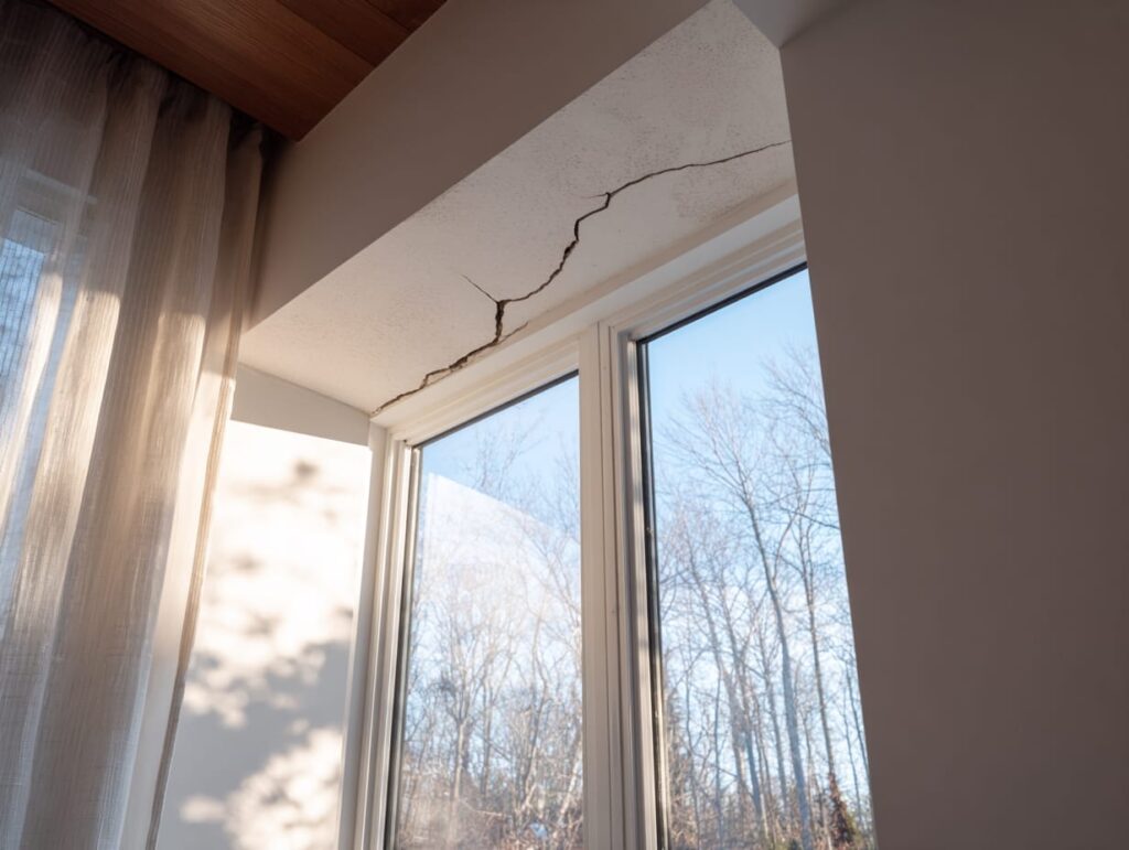 Interior of modern BC home drywall crack above window
