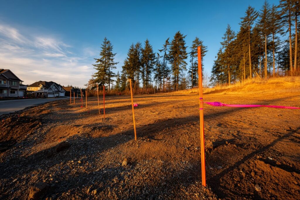 Survey stakes and a cleared Nanaimo lot prepared for a future custom home