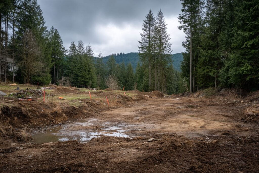 Sloped Nanaimo lot showing driveway grade and drainage considerations for a custom home build