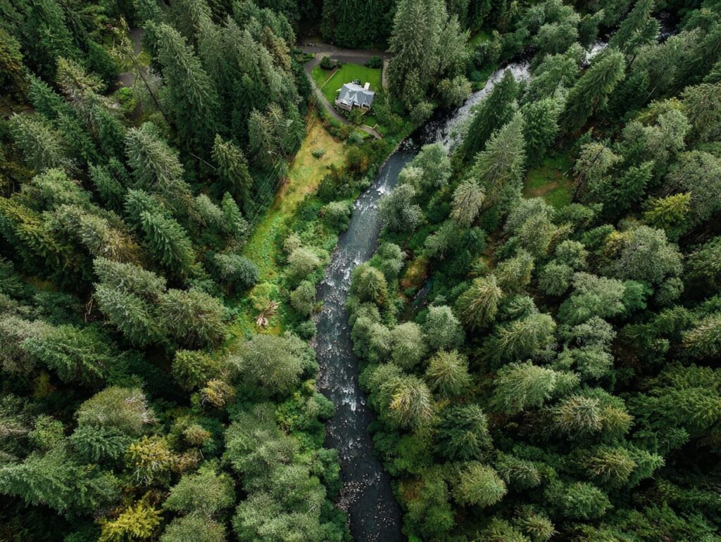 Aerial view of a Vancouver Island creek showing the riparian buffer zone protected under the 30 metre assessment area