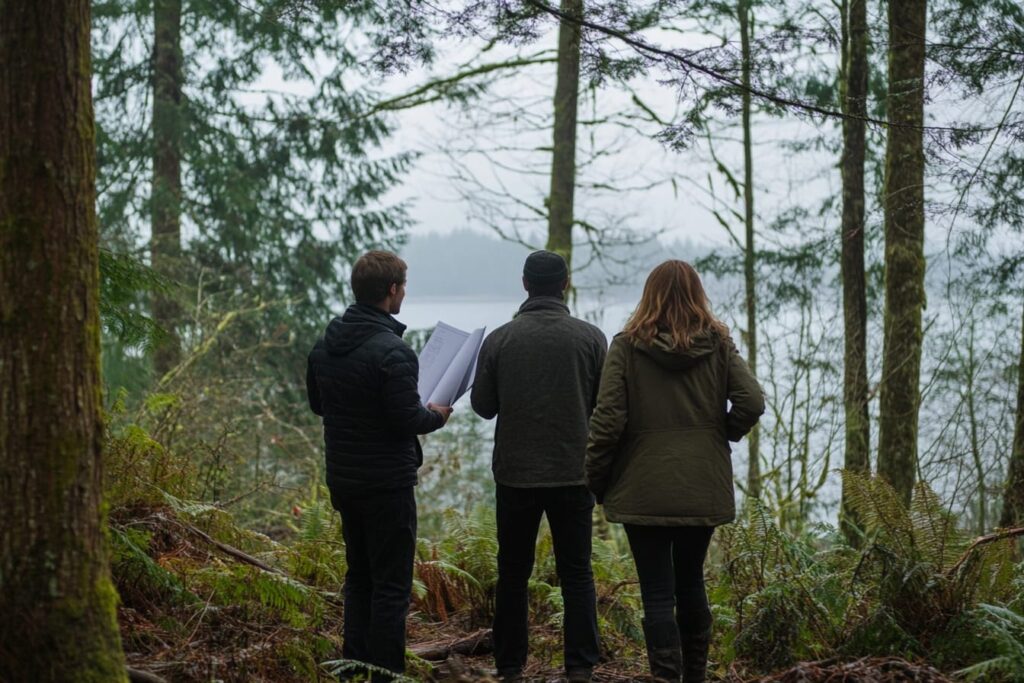 Buyers touring a Vancouver Island waterfront lot to assess buildability before purchase