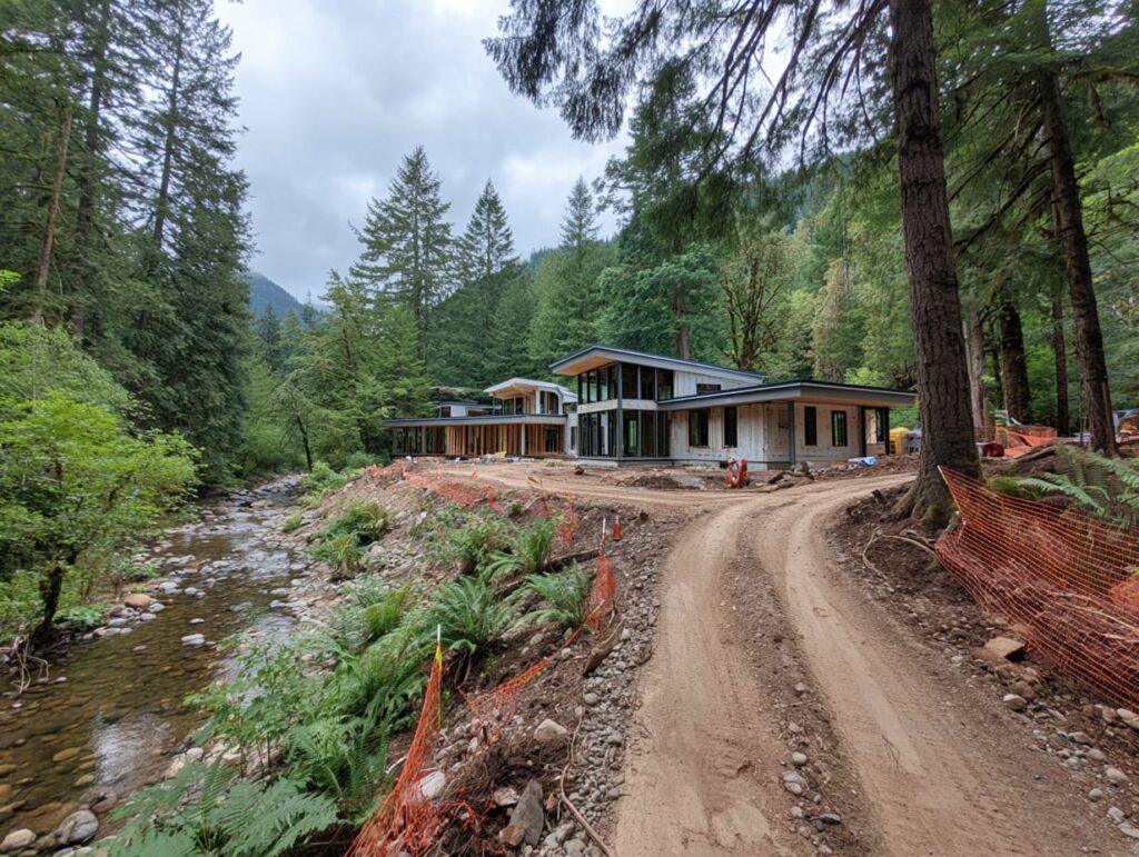 Custom home under construction on a wooded lot near a creek showing driveway and services that also count toward water setbacks