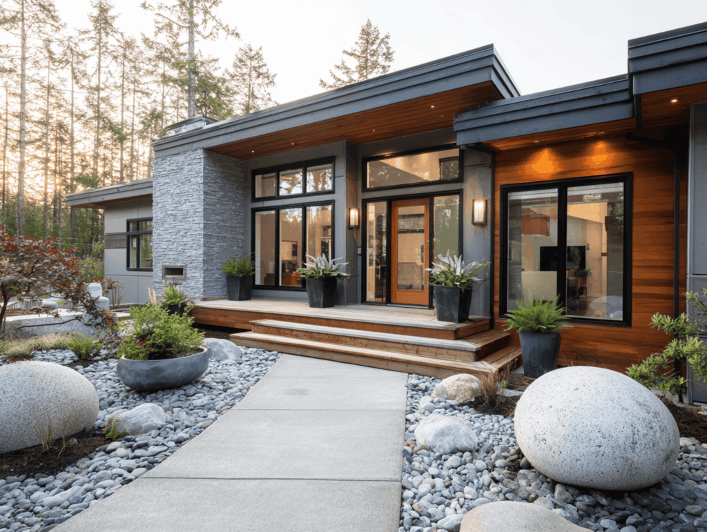 Nanaimo custom home exterior with low-maintenance landscaping and durable cladding for easier long-term upkeep
