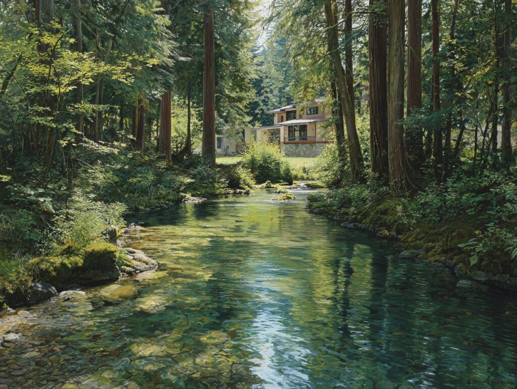 A small Pacific Northwest creek running through coastal forest similar to watercourses that affect Vancouver Island custom home setbacks