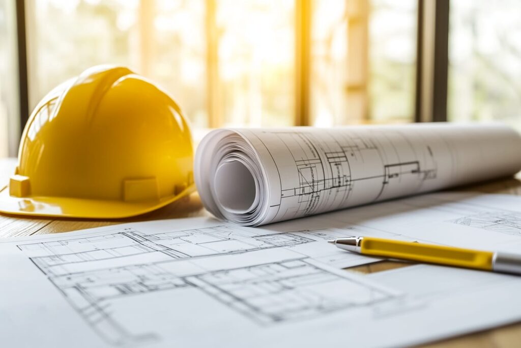 Blueprints, a hard hat, and an approval stamp on a desk, representing code and permit considerations for ICF foundations