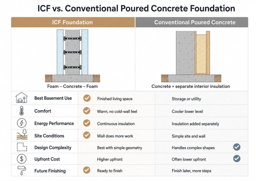 Infographic comparing ICF and conventional poured concrete foundations across basement use, comfort, energy, cost, and finishing