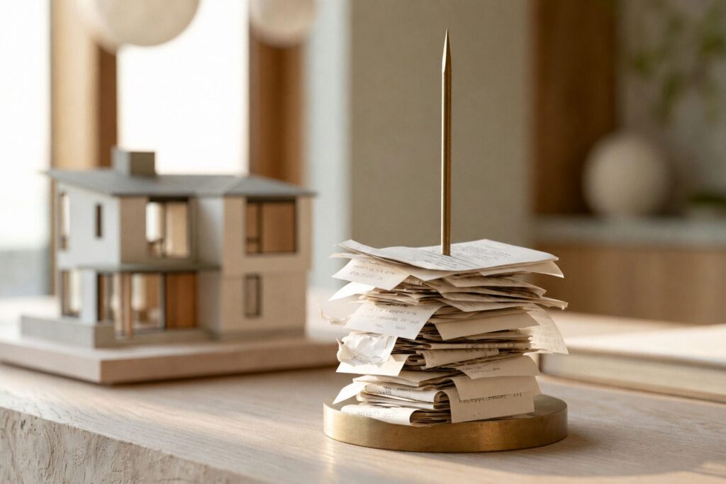 Custom home model with a receipt spike overflowing with accumulated invoices representing cost-plus contract costs