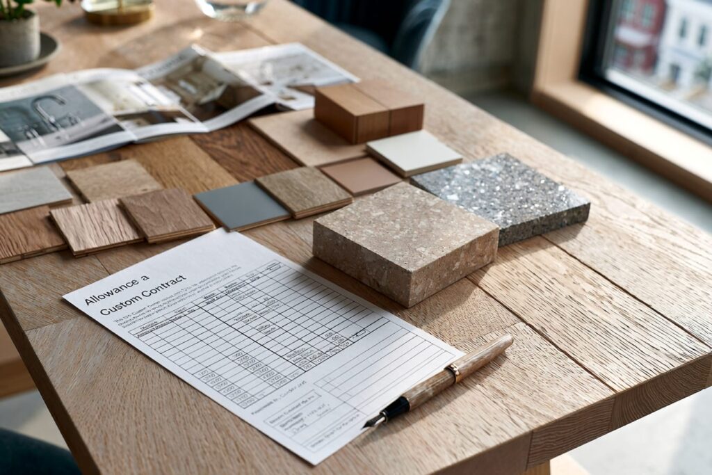 Custom home allowances and exclusions represented by material samples alongside contract documents
