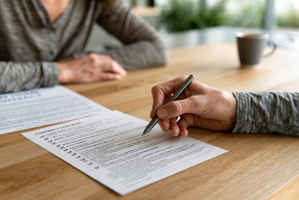 Homeowner reviewing a custom home contract checklist at her kitchen table