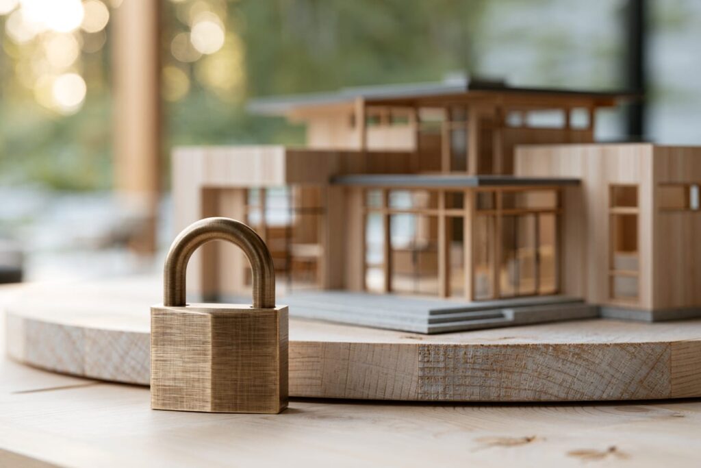 Custom home model with a locked padlock representing the certainty of a fixed-price contract