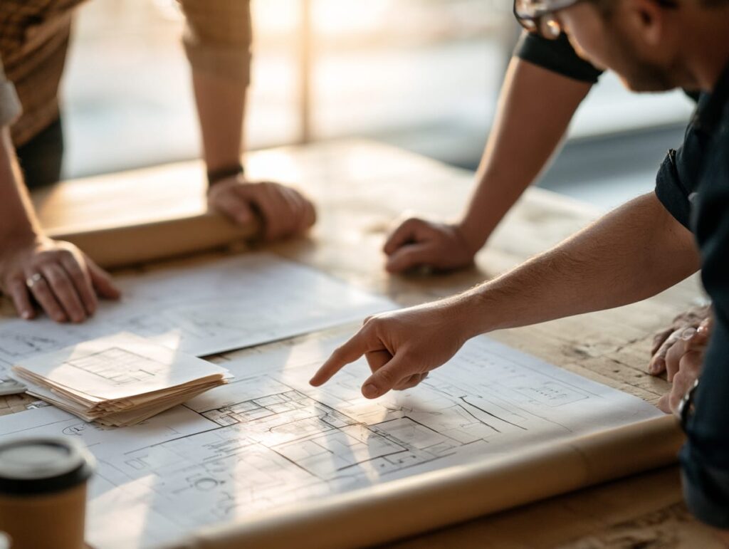 Builder and homeowner reviewing survey drawings and property documents spread across a table before a custom home build