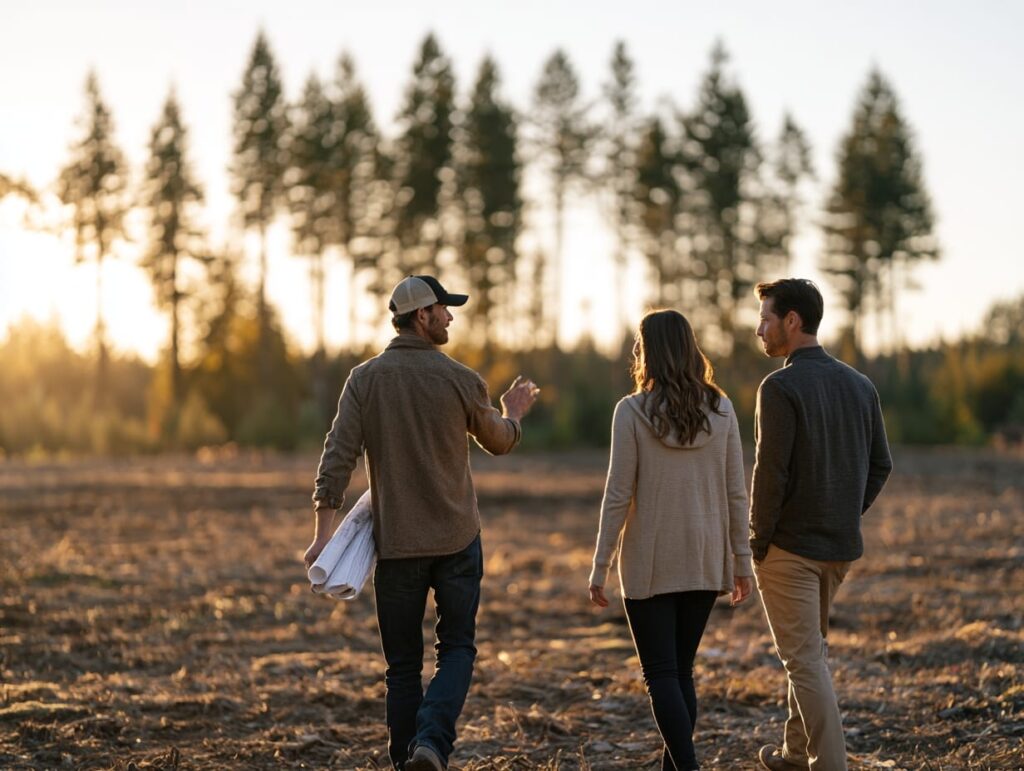 Builder walking an undeveloped Vancouver Island lot with clients, rolled drawings in hand, before the design is locked