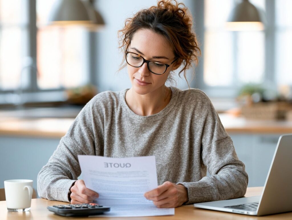 Homeowner reviewing a surveyor's quote with a calculator at a kitchen table while planning a custom home budget in BC