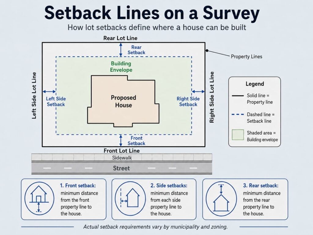 Diagram showing front, side, and rear setback lines on a residential lot and the building envelope where a house can be built