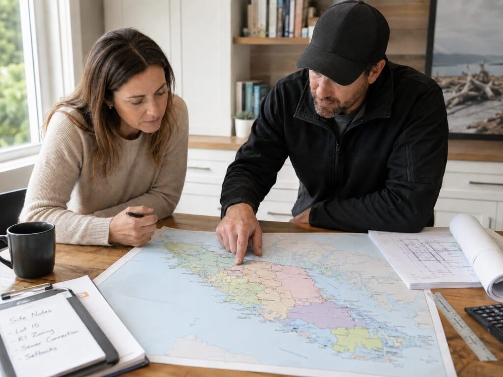 Homeowner and builder studying a printed map of Vancouver Island communities to confirm which building authority covers their lot