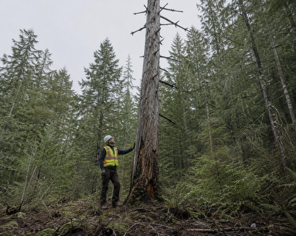 Arborist in a helmet inspecting a dead standing conifer on a treed property before removal