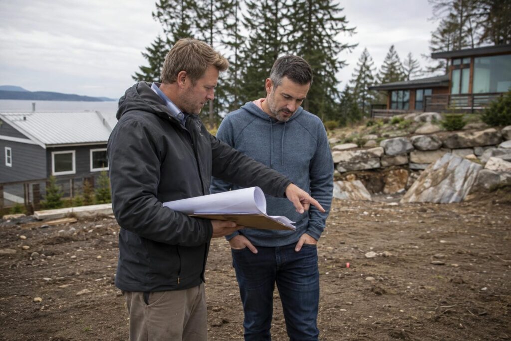 A builder and a homeowner reviewing house plans together on a cleared building lot