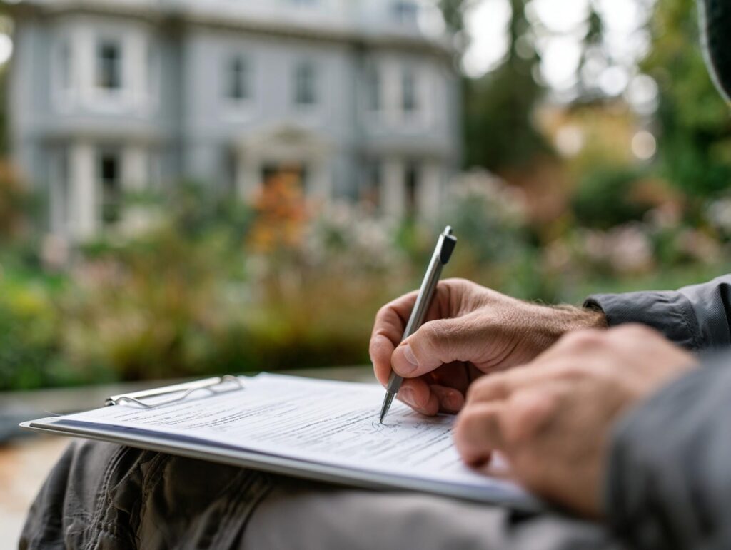 Hands filling out a demolition permit application on a clipboard outside a house