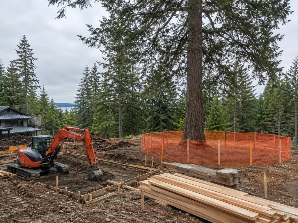 Excavator digging a house foundation beside a large retained fir ringed with protective fencing at its drip line