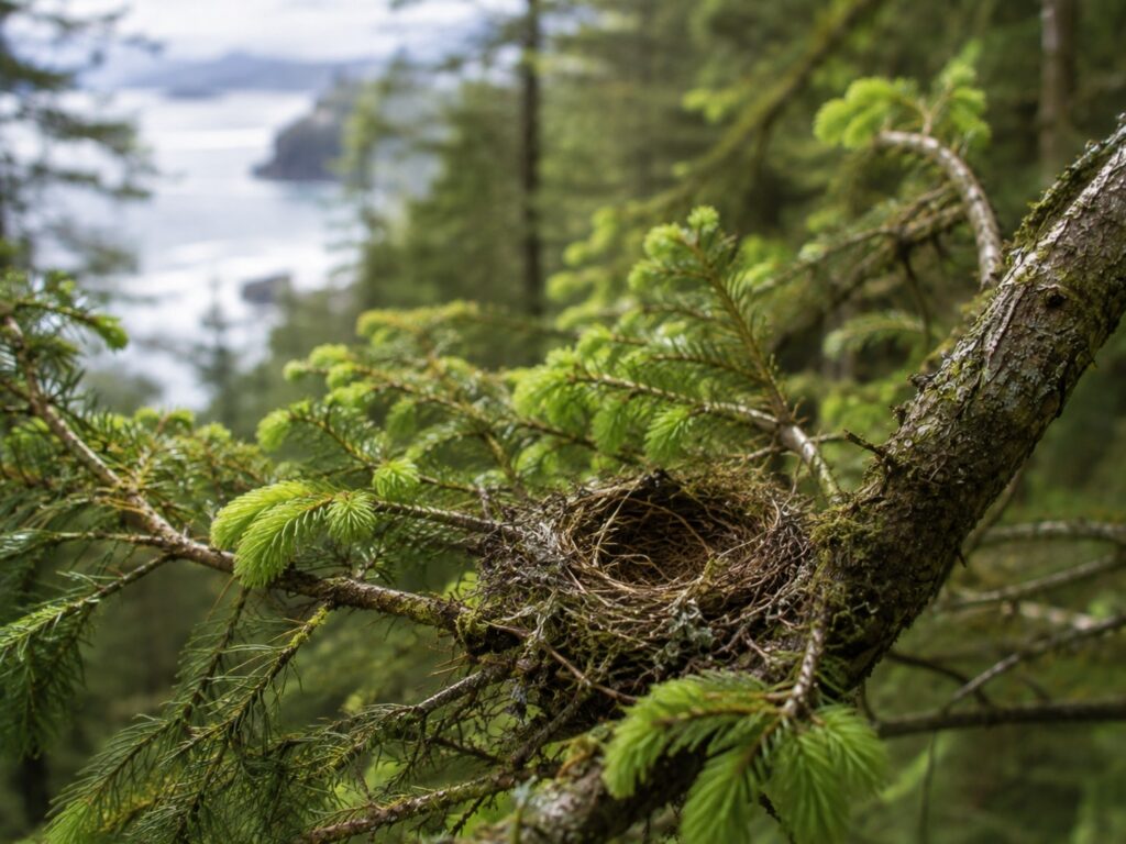 Small bird nest tucked into a conifer branch during spring nesting season on the coast