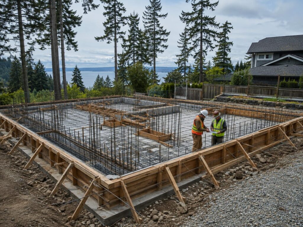 Freshly formed concrete foundation on a cleared residential lot ready for a new home