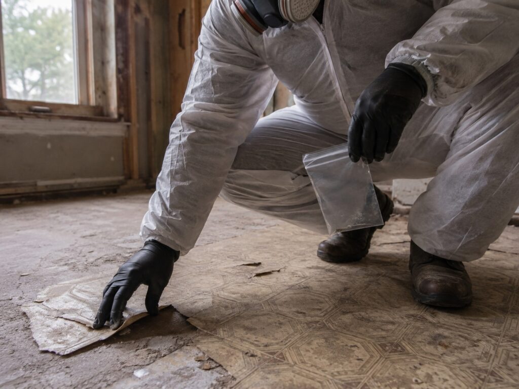 Worker in a respirator and protective coveralls inspecting the interior of an old vacant house before demolition