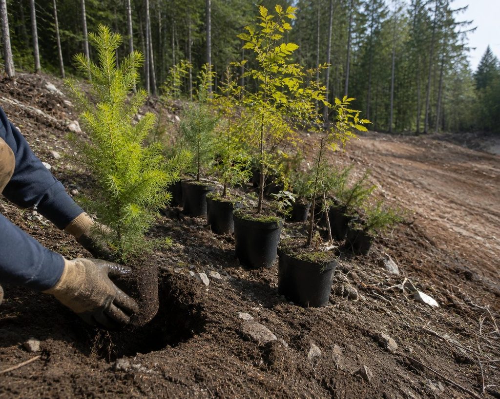 Young potted conifer saplings staged for replacement planting on a newly cleared building lot