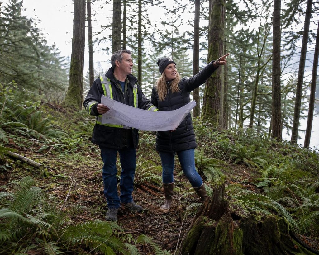 Builder and homeowner reviewing a rolled site plan while standing among the trees on a Nanaimo building lot