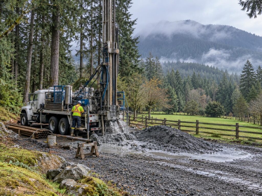Truck mounted well drilling rig at work on a rural acreage clearing ringed by cedar and fir, with cuttings piled on the gravel pad and a fenced grass paddock beyond.
