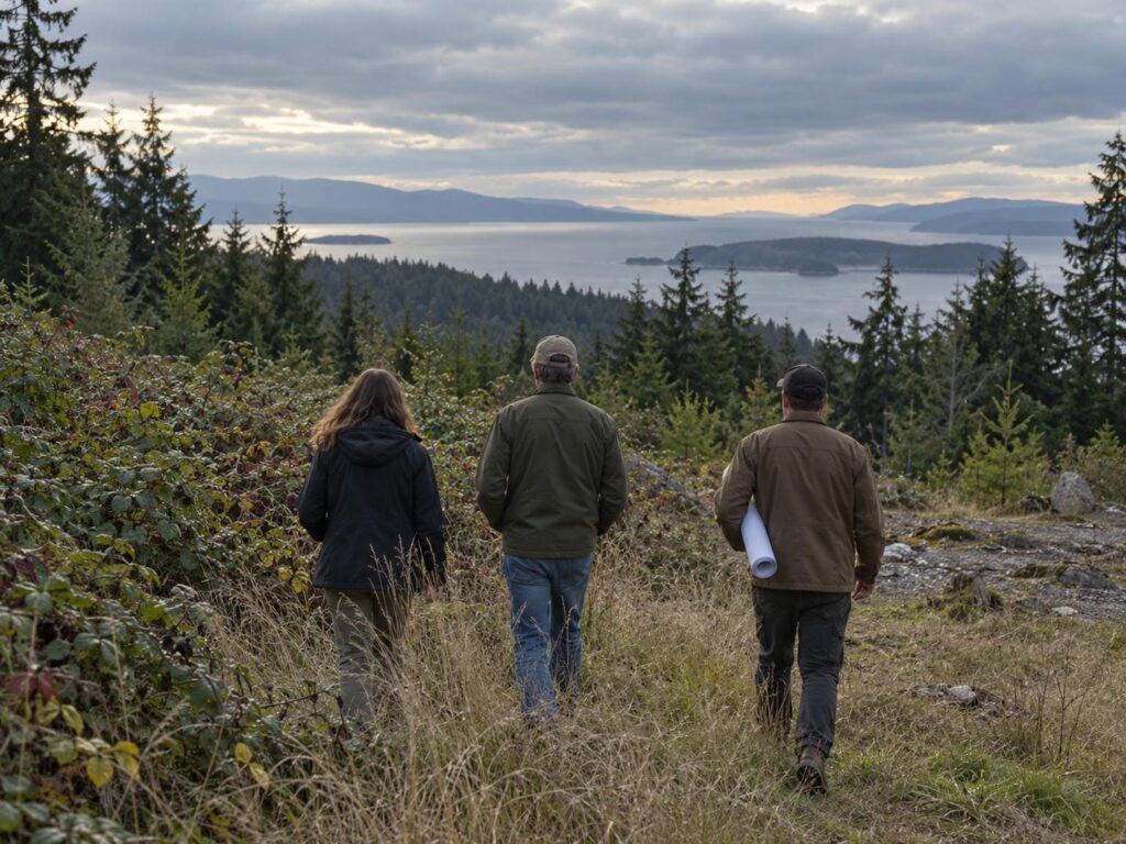 Three people walking the edge of a vacant building lot seen from behind, one carrying a rolled plan, with coastal forest beyond the property line and grey water in the distance.