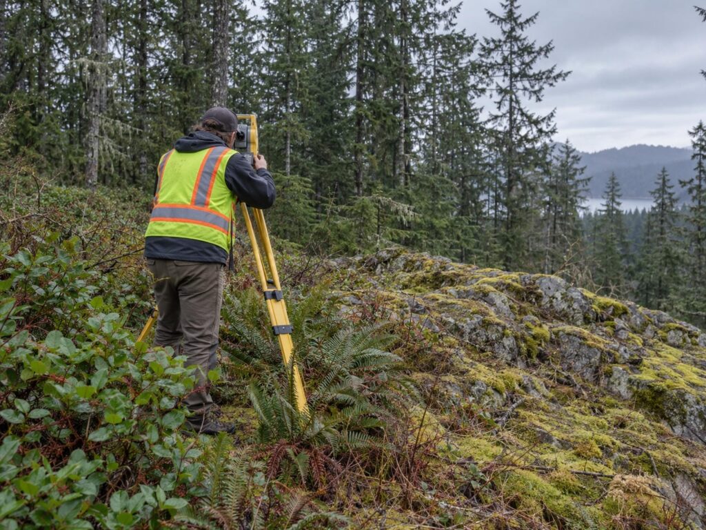 Land surveyor in a high visibility vest setting up a tripod mounted instrument on a sloping undeveloped lot at the edge of coastal second growth forest.