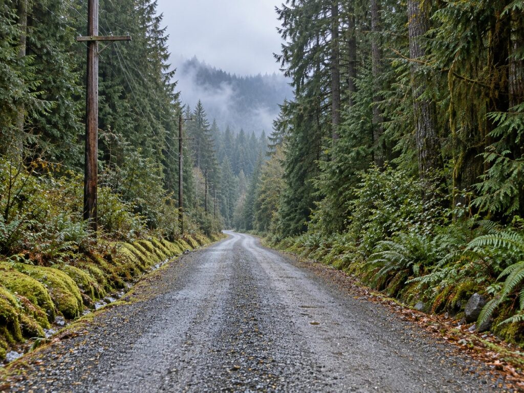 Quiet gravel road running into dense coastal forest, with hydro poles along one side, a mossy ditch and sword fern under the trees in soft morning mist.