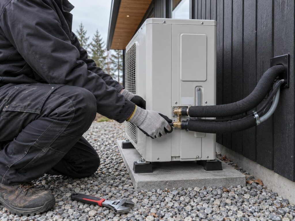Technician connecting an outdoor heat pump unit on a gravel pad beside a newly built home