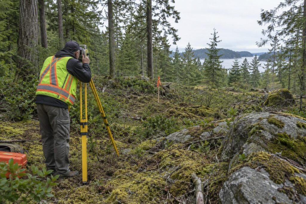 Land surveyor sighting through a tripod mounted instrument in a clearing on a treed rural lot on Vancouver Island