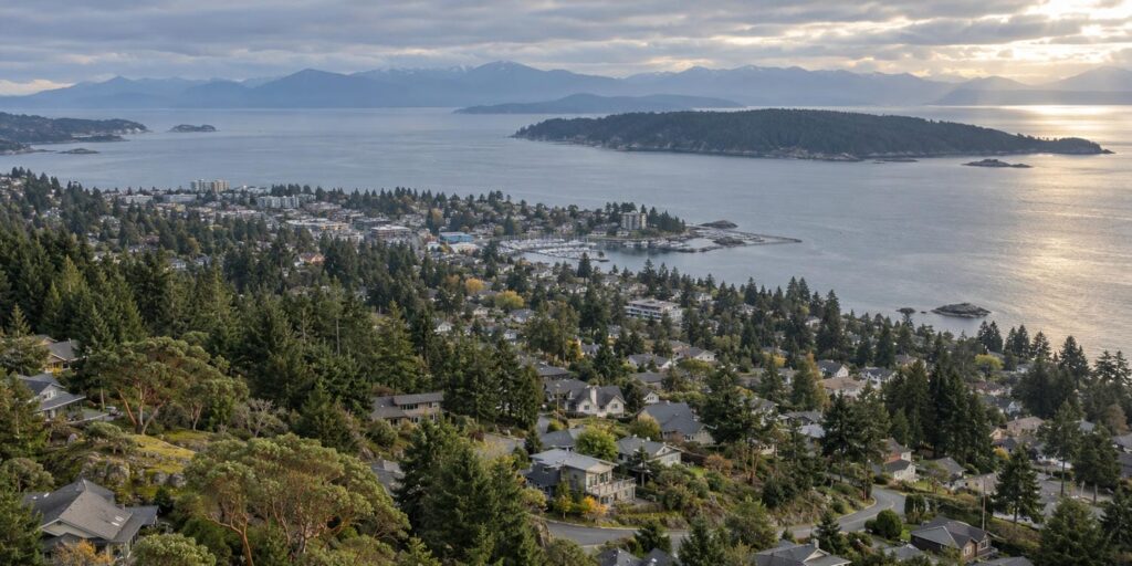 Aerial view of forested Nanaimo neighbourhoods stepping down a gentle slope toward the Strait of Georgia, with a wooded island and coastal mountains across the water.