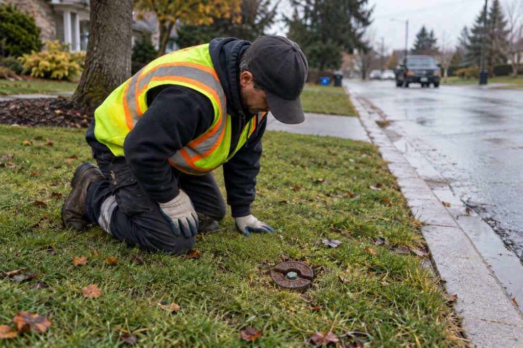 Utility worker in a high visibility vest kneeling at an open water service valve box in the curb of a quiet residential street on a damp coastal morning.