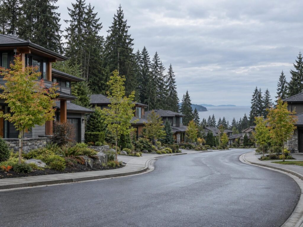 Quiet curving street of West Coast contemporary homes on level serviced lots, with young street trees, tall firs behind the roof lines and a thin strip of ocean in the distance.