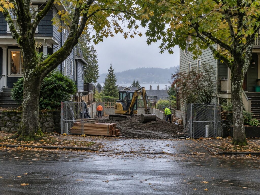 Narrow infill building lot between two older houses, with a compact excavator working inside temporary fencing and mature maples overhanging the tight frontage.