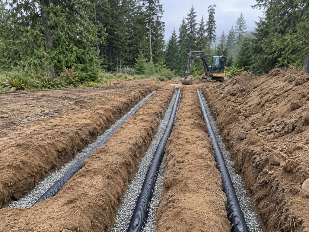 Open trenches with perforated pipe and drainage gravel being installed for a septic dispersal field on a rural property