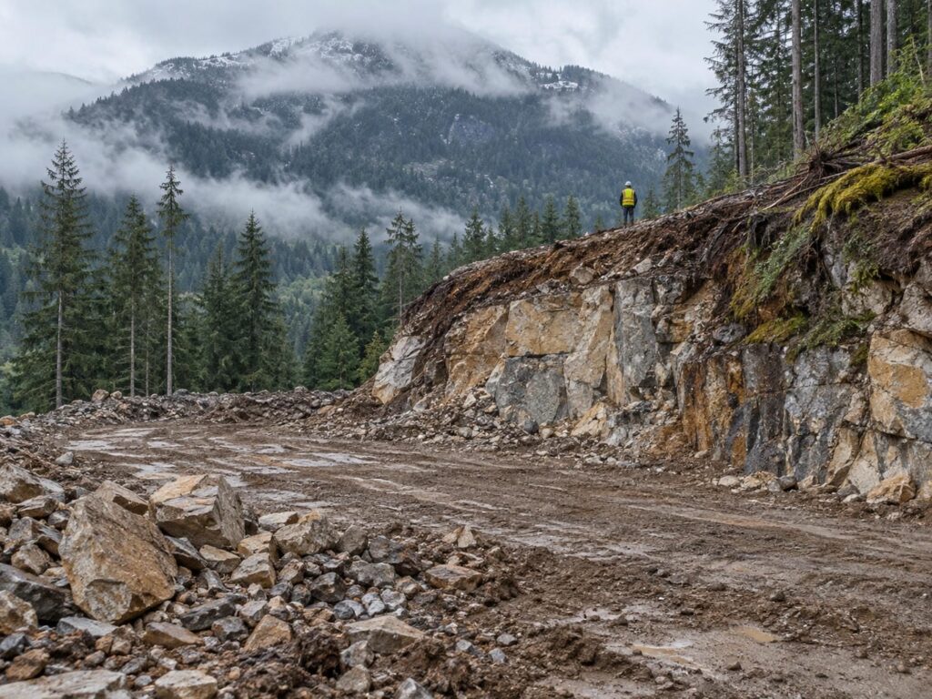 Cleared building pad cut into a rocky hillside at the edge of second growth forest, with one worker standing at the top of the cut and a forested mountain flank behind.