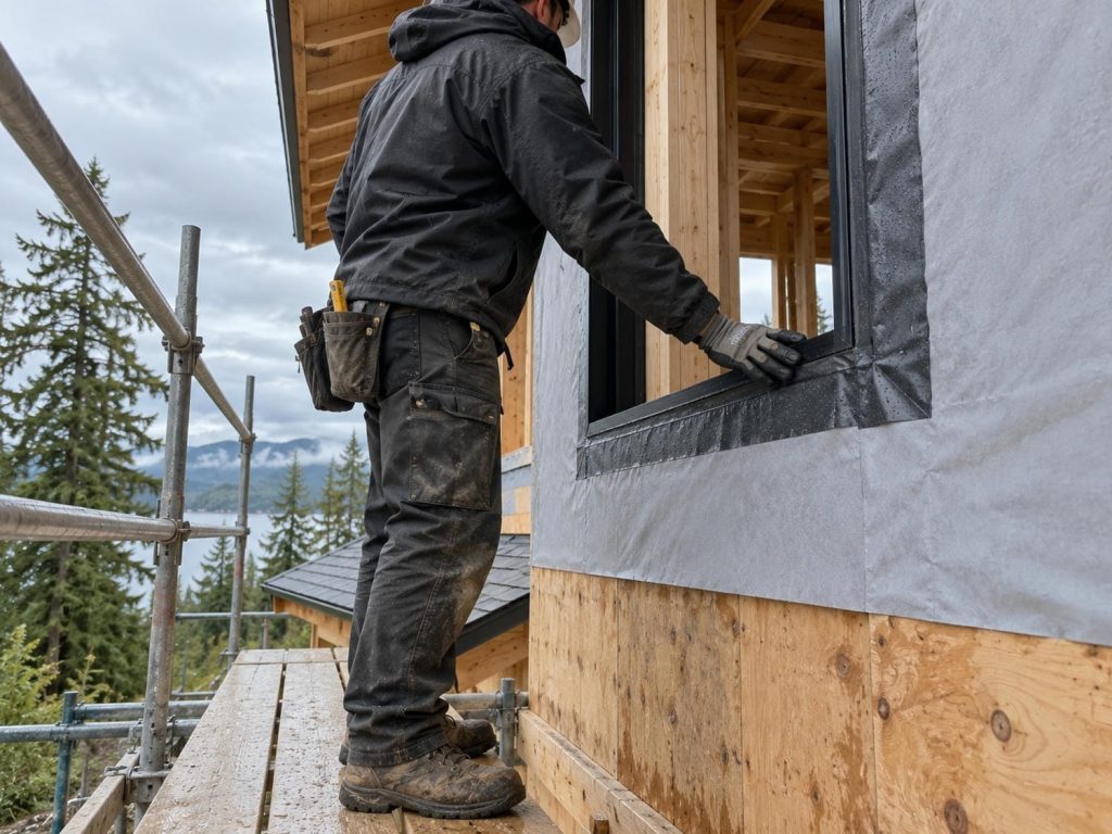 Builder in a hard hat checking the taped seam at the corner of a new window opening on a house wrapped in plain weather barrier