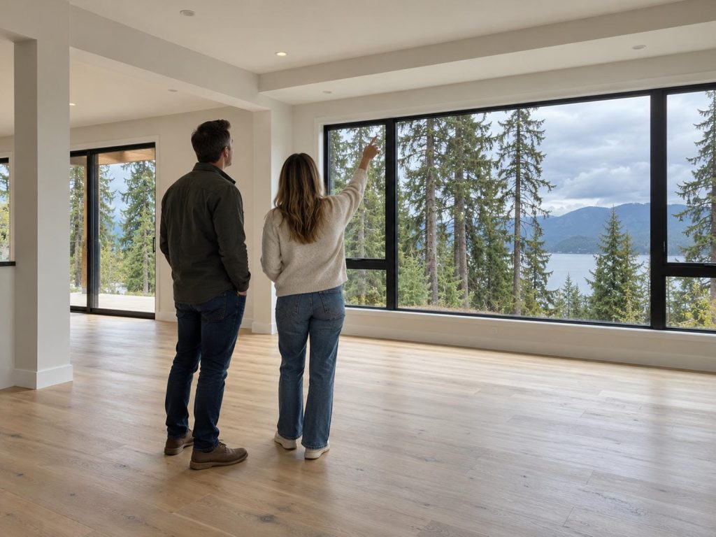 Two people standing in the bright empty living room of a just finished house, looking toward the windows and the trees outside