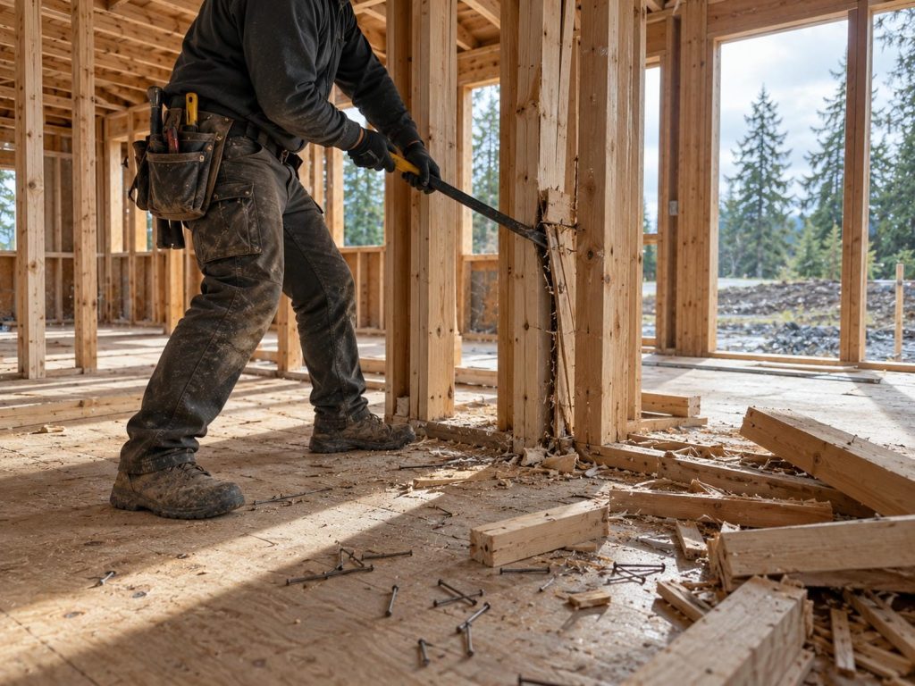 Carpenter prying apart a section of newly built stud wall inside a house still at the framing stage, offcuts on the subfloor