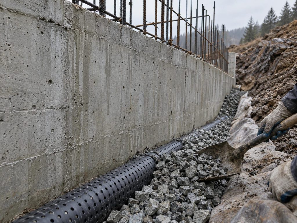 Gloved hands shovelling drain rock against the back of a reinforced concrete retaining wall under construction