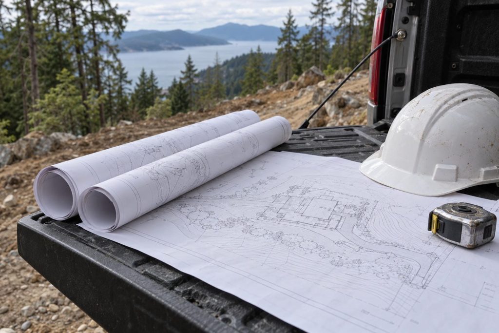 Rolled engineered site drawings and a hard hat on a pickup tailgate with a sloping building lot behind