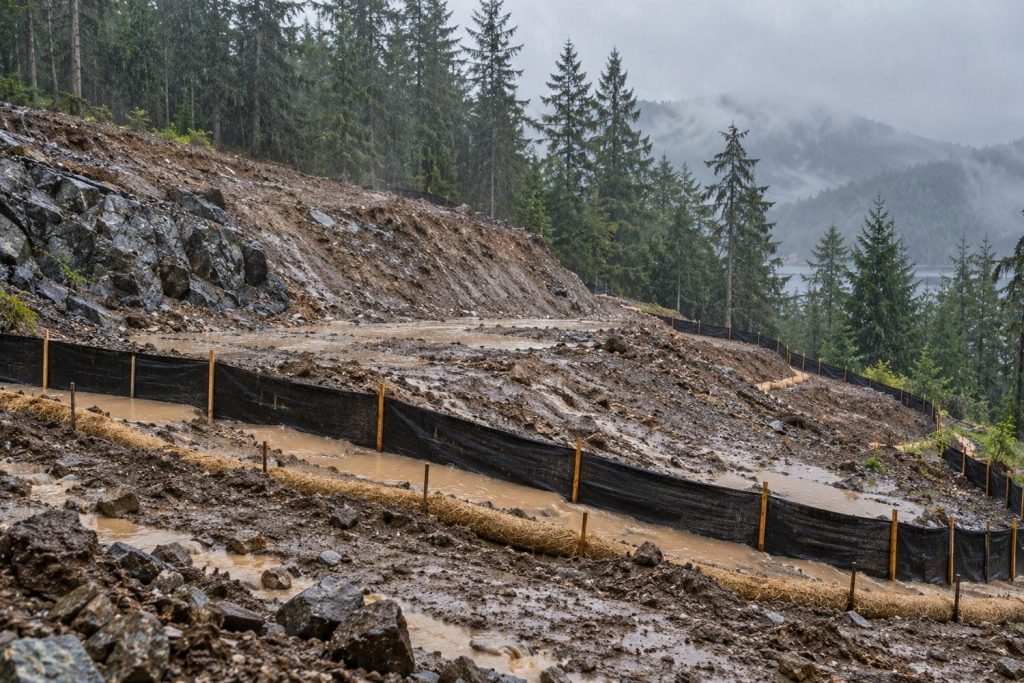 Silt fence and straw wattles holding back muddy runoff on a freshly graded slope during coastal rain